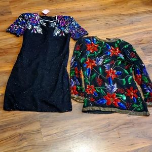 Chamanix egyptian silk sequin top and sequin dress lot beaded vintage 1980 1990